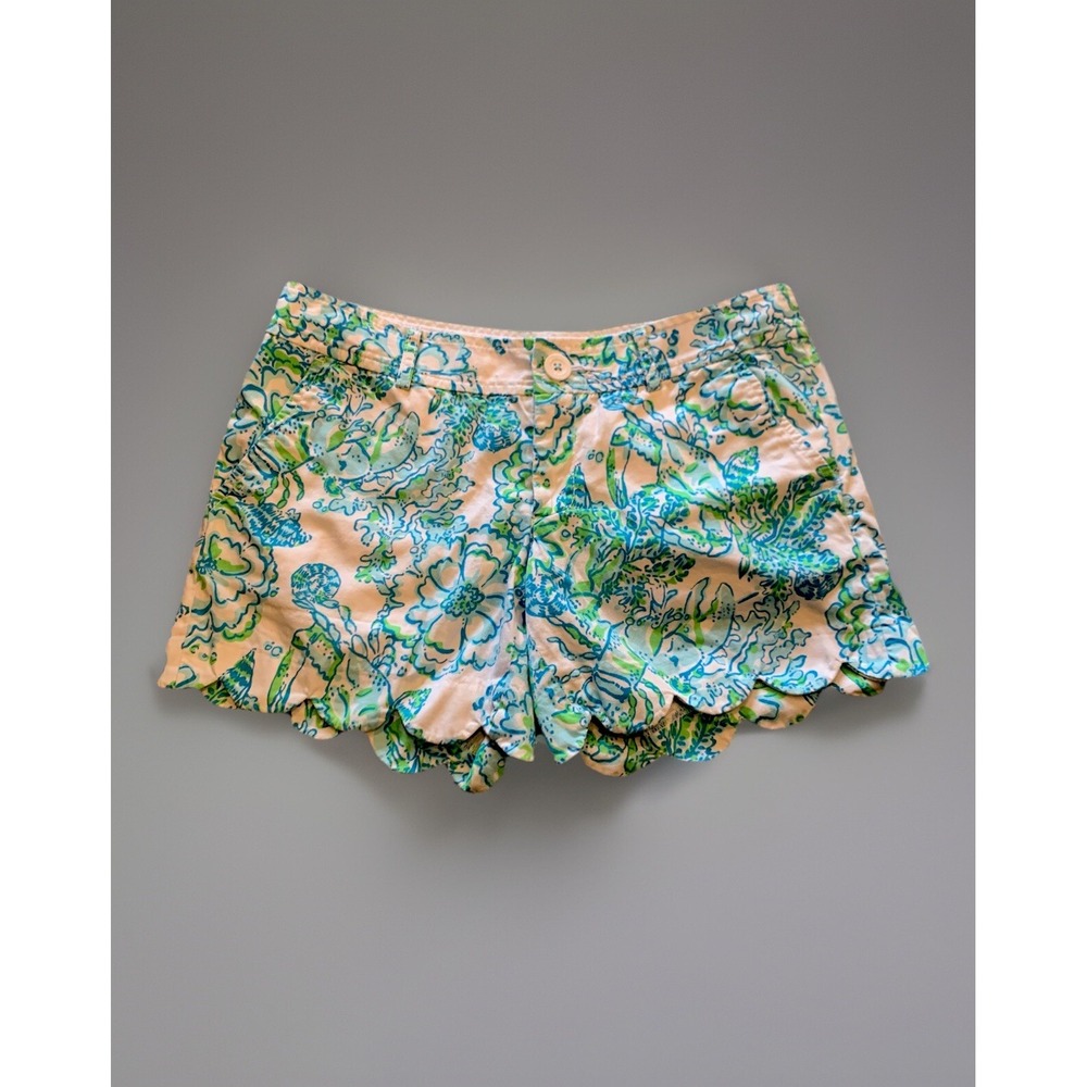 Lilly Pulitzer Shorts Women Size 2 The Buttercup Scallop Hem Blue Green Floral